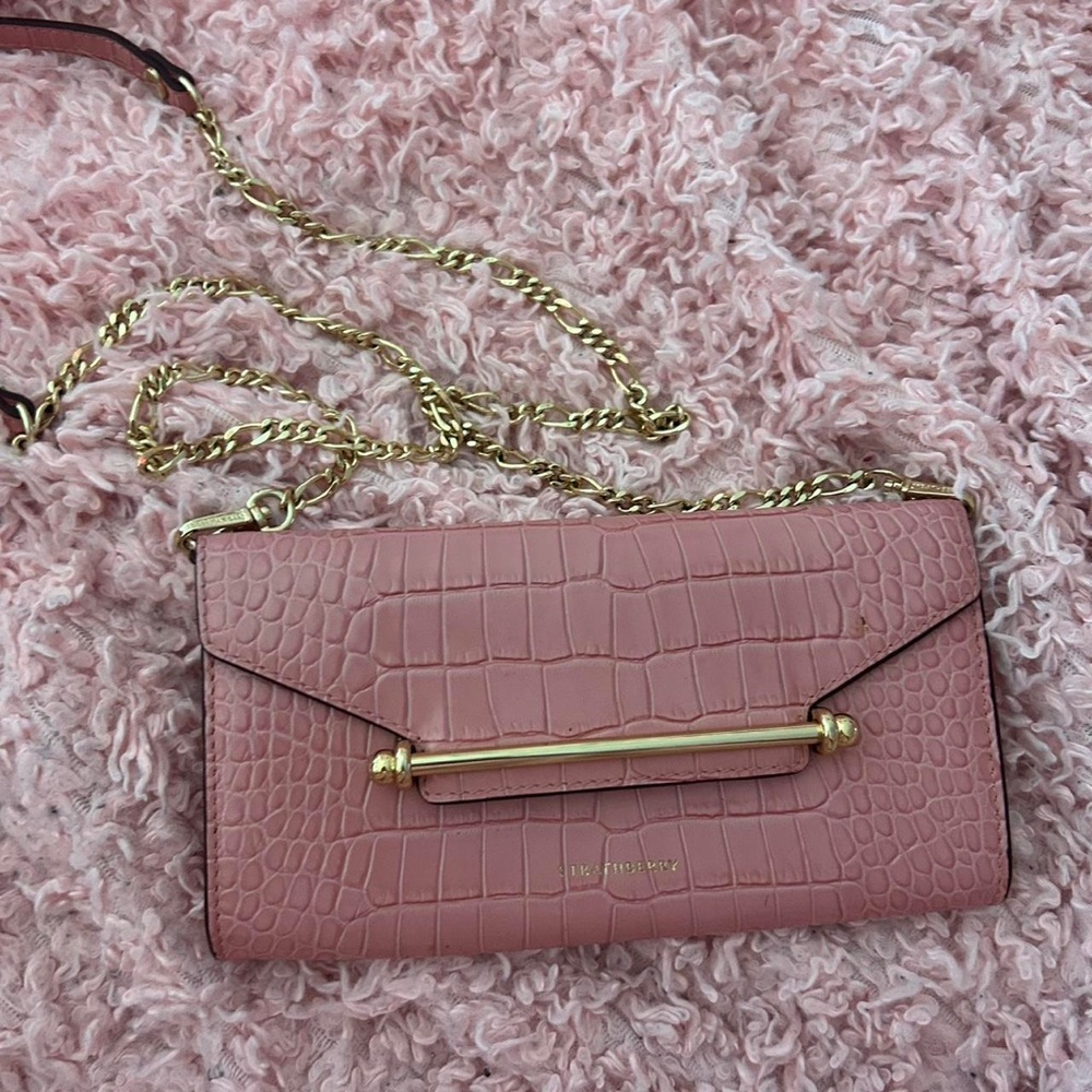 Strathberry Pink Croc-Embossed Clutch with Gold Accents Brand New